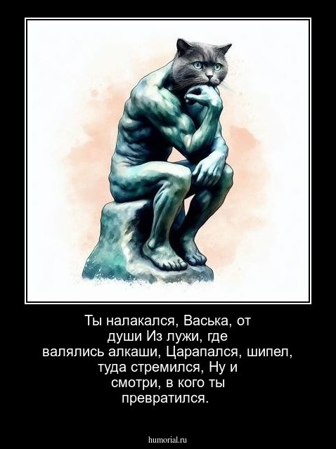 Ты налакался, Васька, от души
  Из лужи, где валялись алкаши,
  Царапался, шипел, туда стремился,
  Ну и смотри, в кого ты превратился.