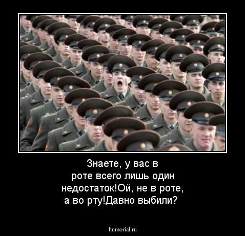 Знаете, у вас в роте всего лишь один недостаток!Ой, не в роте, а во рту!Давно выбили?