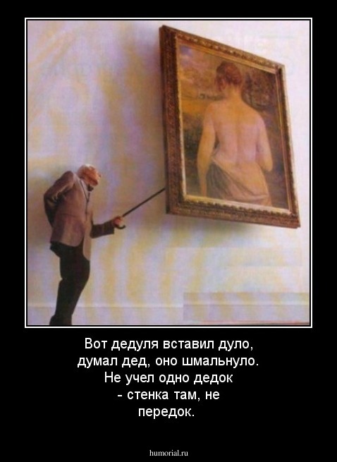 Вот дедуля вставил дуло, думал дед, оно шмальнуло. Не учел одно дедок - стенка там, не передок.
